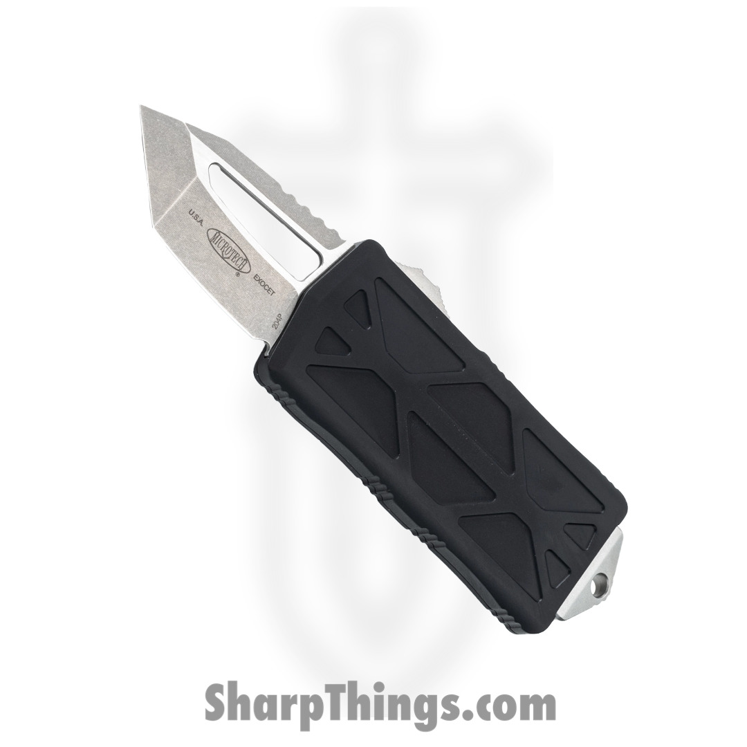 19a82850-fbfe-497d-a47b-9a10da184907_158-10_1.jpg Microtech - 158-10 - Exocet Money Clip - OTF Auto - M390 Stonewash Modified Tanto - 6061-T6 Aluminum - Black - Image 1