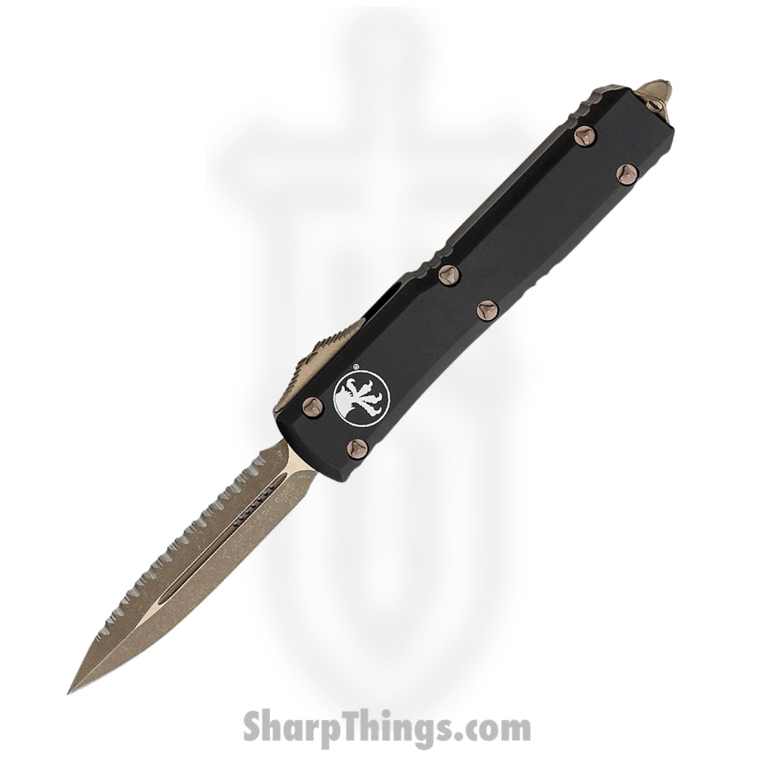 1a208681-5e67-4379-8183-01ffc4041baf_122-15AP_1.jpg Microtech - 122-15AP - Ultratech - OTF Auto - Elmax. M390, 204P Bronze Apocalyptic Dagger - 6061-T6 Aluminum - Black - Image 1