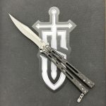 Hom Design - Preowned - HOMBASCF - Basilisk-R - Satin 154CM Clip Point Bowie - Black CF with Brass Ti Liners