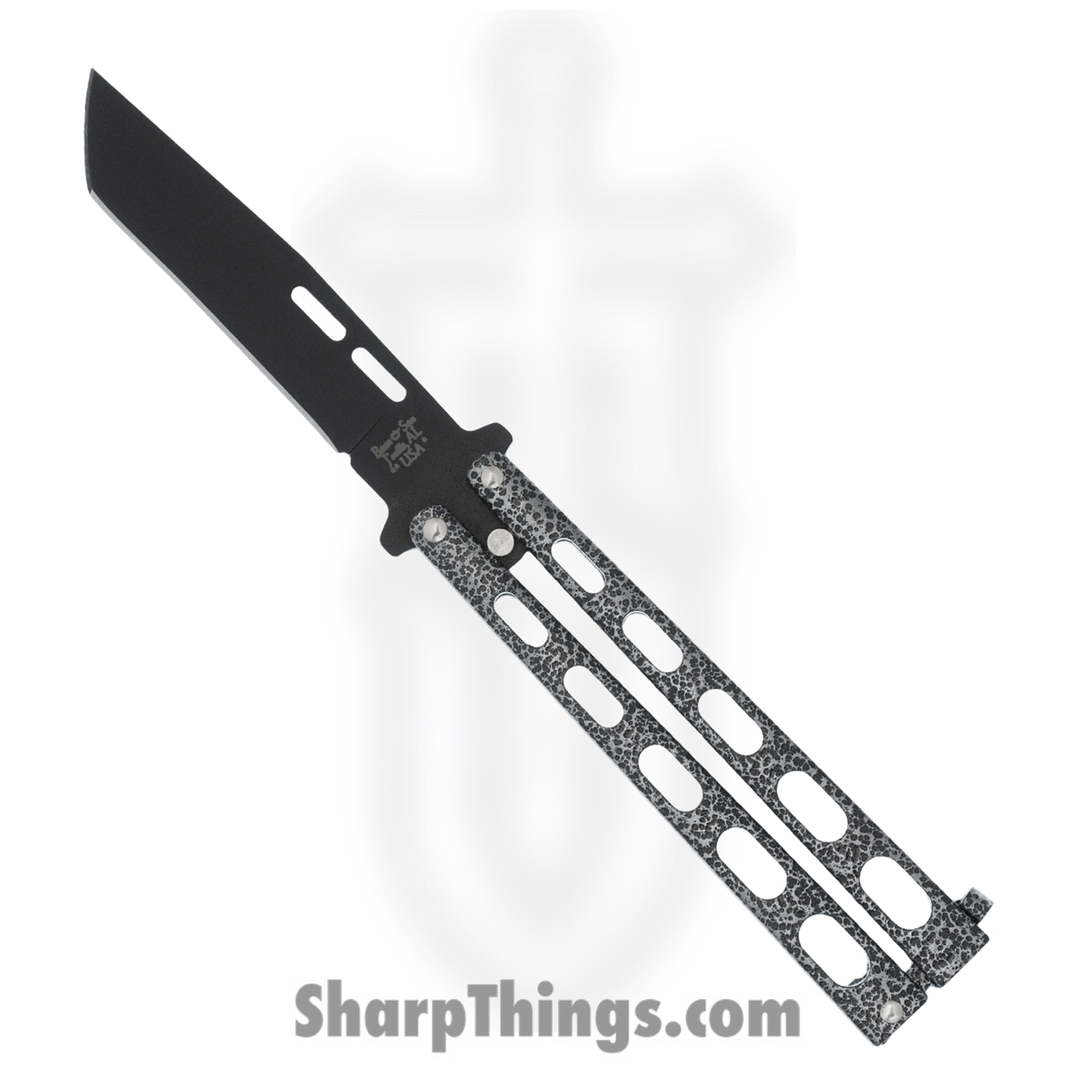 1bc40707-9576-4411-af2f-3fbd801fb5f7_BC115TAN_1.jpg Bear & Son - BC115TAN - Butterfly Silver Vein - Balisong - 1095 HC Coated Tanto - Powder Coated Zinc - Black Silver - Image 1