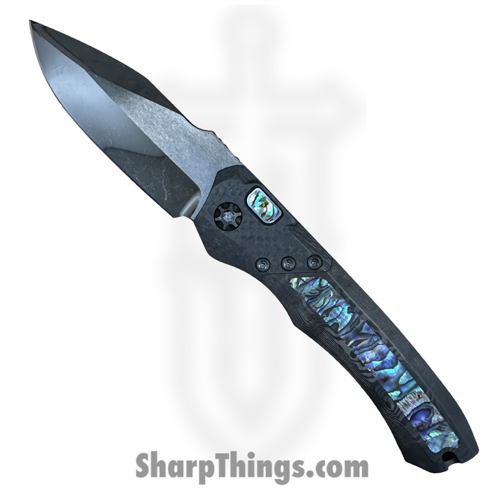 1e03564b-c33f-4d7c-8cd1-394c2adb22e4_HKWR3-23_1.jpg Heretic Knives - HKWR3-23 - Custom Wraith - Automatic Knife - Elmax Coated Cracked Ice Bowie - Fat Carbon Fiber/Abalone - Black Dunes - Image 1