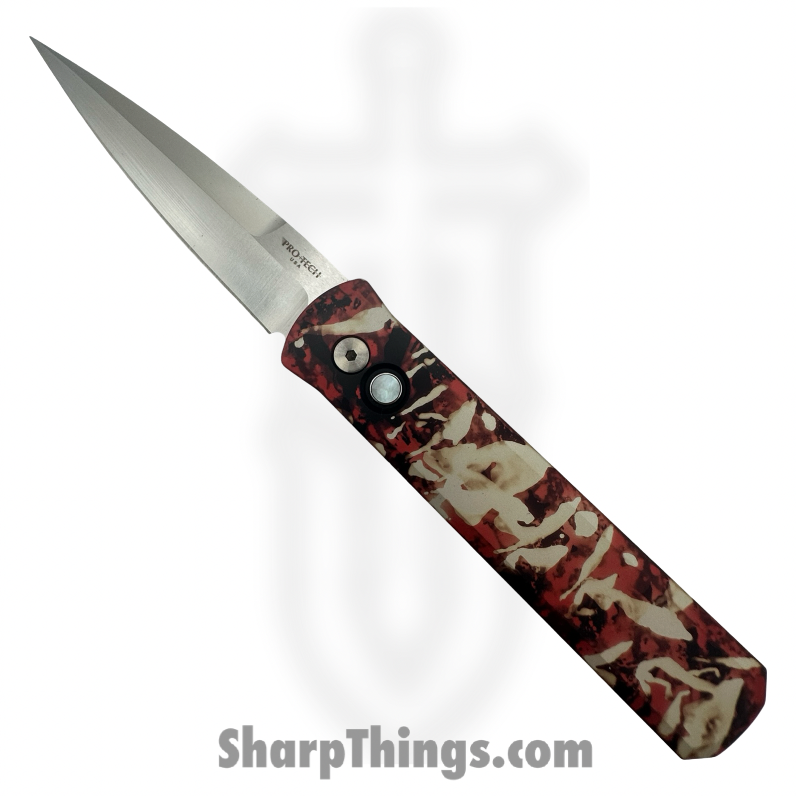 1f41e937-6d6c-4bde-8dec-c375036772c5_921-SATIN-CTC_1.png ProTech - 921-SATIN-CTC - Godfather - Automatic Knife - 154CM Satin Spear Point - 6061-T6 Aluminum - Red White - Image 1