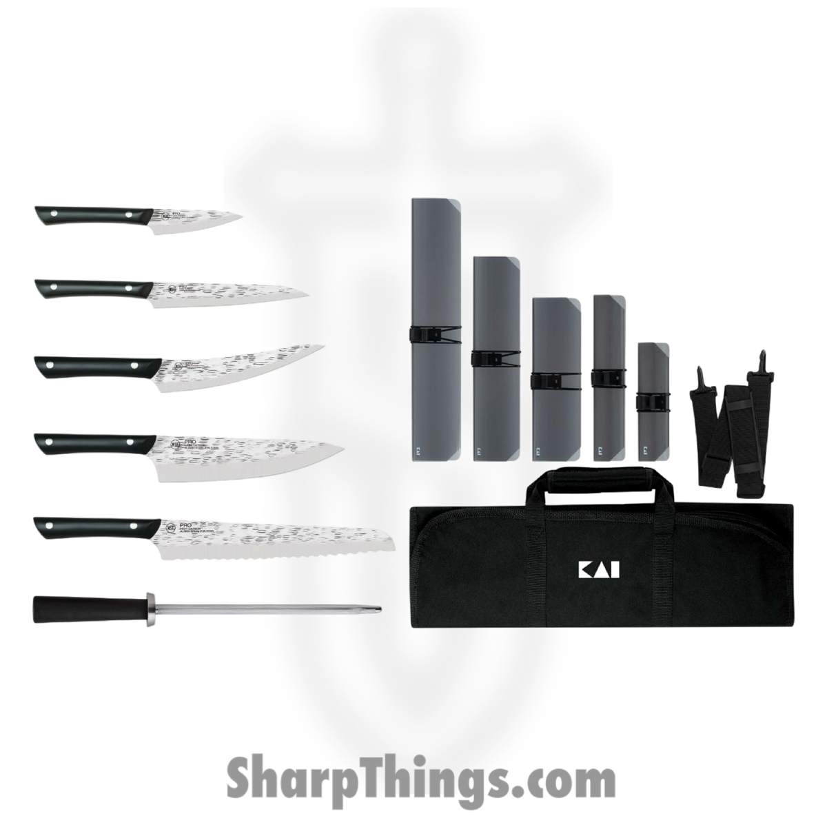 1fa65864-b77c-420a-9138-d032ed1fa048_HTS0799_1.jpg Kai - HTS0799 - Pro 7 Pc Set - Fixed Blade Knife - AUS-6 Hammered Multi - POM - Black - Image 1