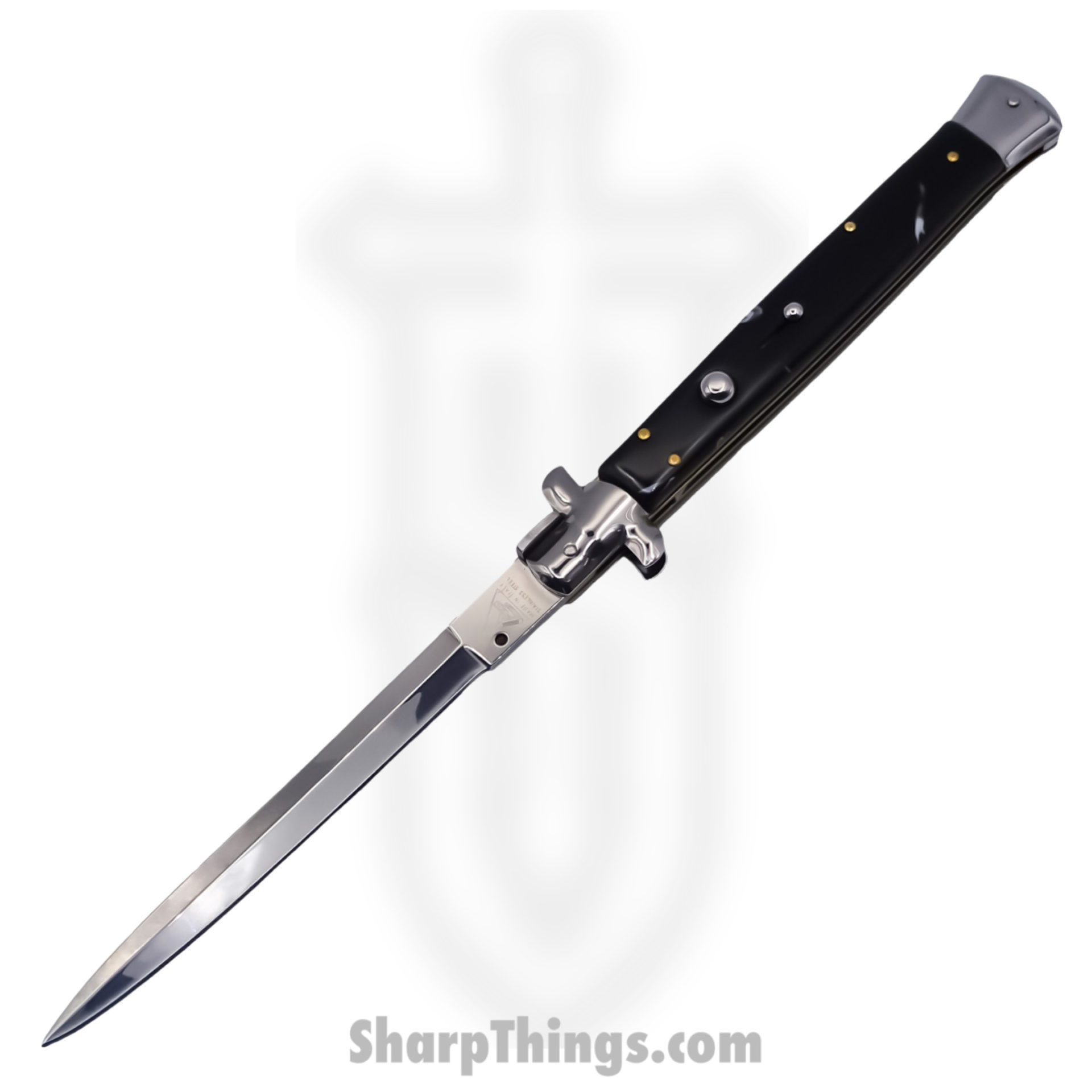 20876938-df7b-4f50-91a7-6930b32511f4_SBBOL13SH_1.jpg Steel River Knives - SBBOL13SH - Grosso 13in Stiletto - Swinguard Lockback Auto - 440 Bayonet - Black Horn - Image 1