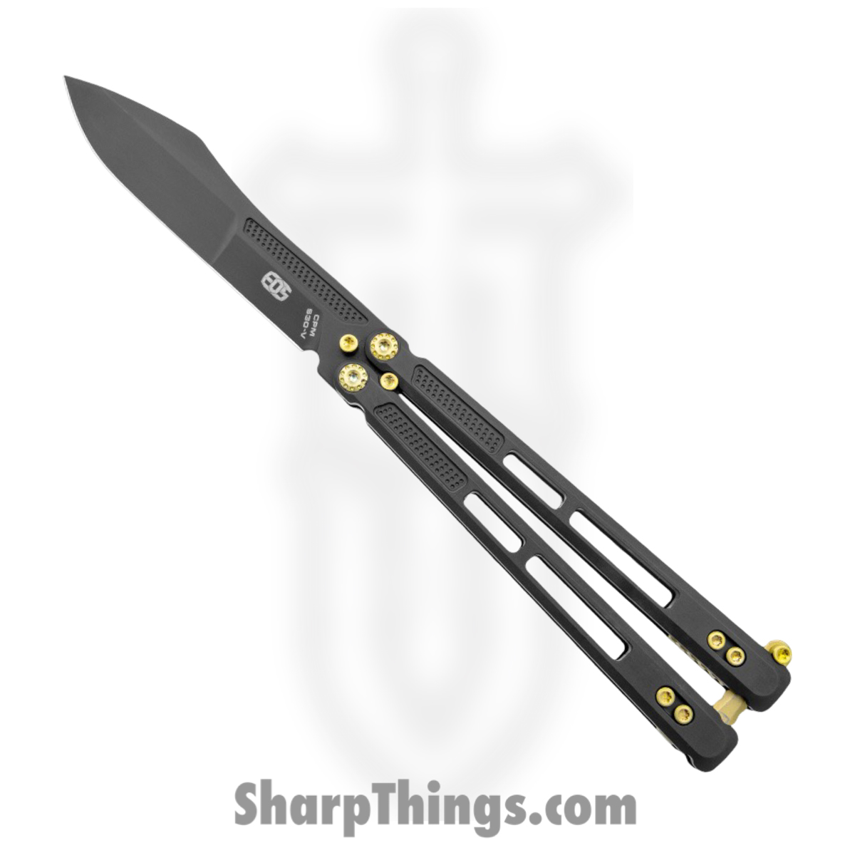 2144668a-22ea-4947-9c1a-1960630d7b1e_EOS105_1.jpg EOS - EOS105 - Trident - Balisong - CPM S30V Coated Modified Drop Point - Titanium - Black Gold - Image 1