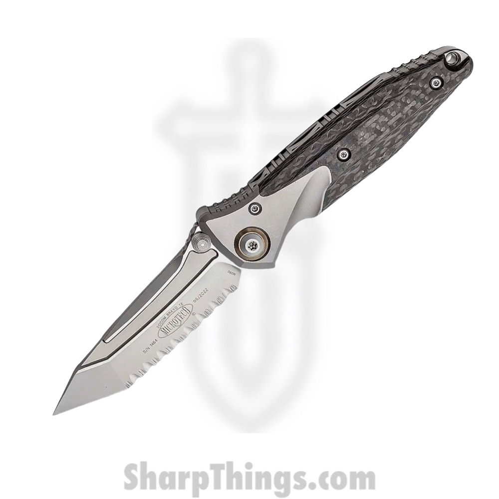 22424b32-de92-4922-abbc-24b210055f3b_261-9CFTI_1.jpg Microtech - 261-9CFTI - Socom Bravo - Folding Knife - M390 Blasted Tanto - Titanium/CF Scales - Black/Gray - Image 1