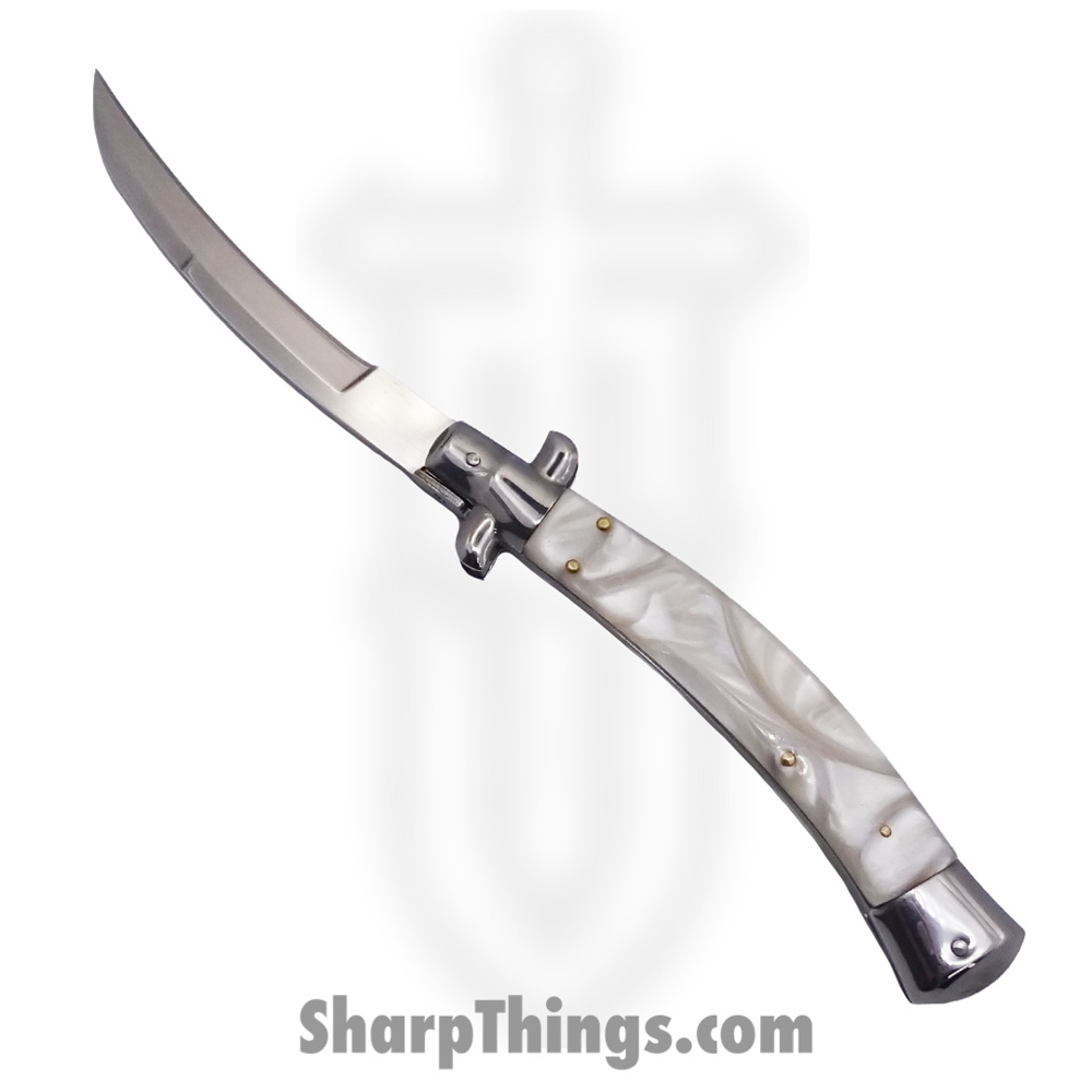238af6a8-10a6-47d3-b110-1d5ad1eafbce_Srk11swayMOP_1.jpg Steel River Knives - Srk11swayMOP - Swayback Bolster Lock Stilleto - 440c Satin Swayback - Mother of Pearl - MOP - Image 1
