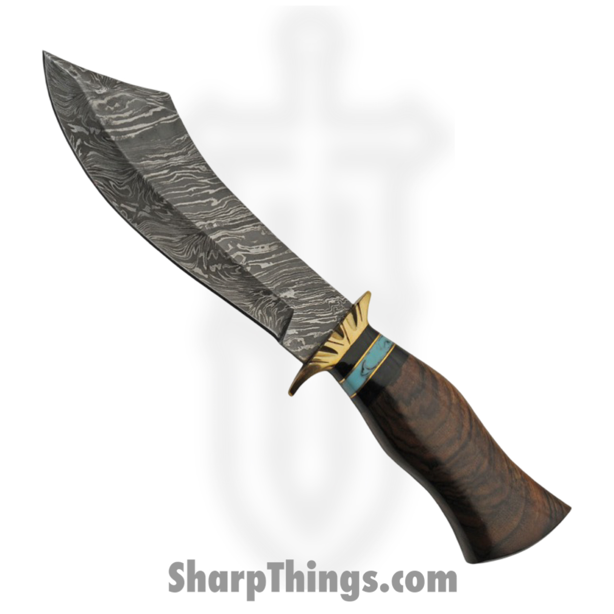 2409e53d-5d2b-4348-931b-06df28d4bed8_DM1252_1.jpg Damascus - DM1252 - Scimitar Bowie - Fixed Blade Knife - Damascus - Walnut Turquoise - Brown Blue - Image 1