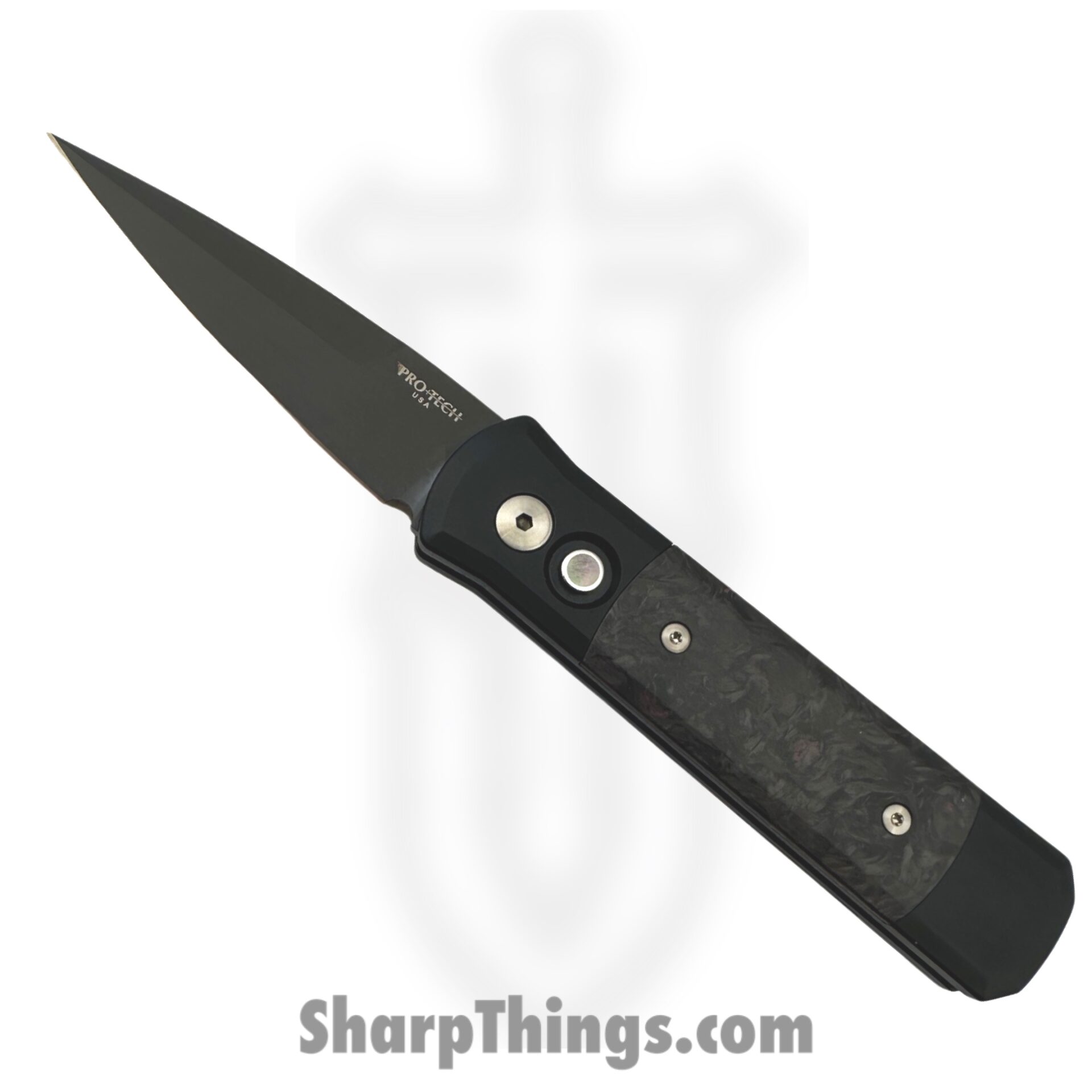 241c5b1a-70d2-4425-88e7-5a782284d40e_7FC32_1.jpeg ProTech - 7FC32 - Godson - Automatic Knife - 154CM Black Spear Point - 6061-T6 Aluminum Fat Carbon Dark Matter Inlay - Purple - Image 1