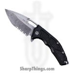 Heretic Knives - H009-2B - Medusa - Folding Knife - MagnaCut Stonewash Tanto Serrated - Aluminum with Grip Inlay - Black