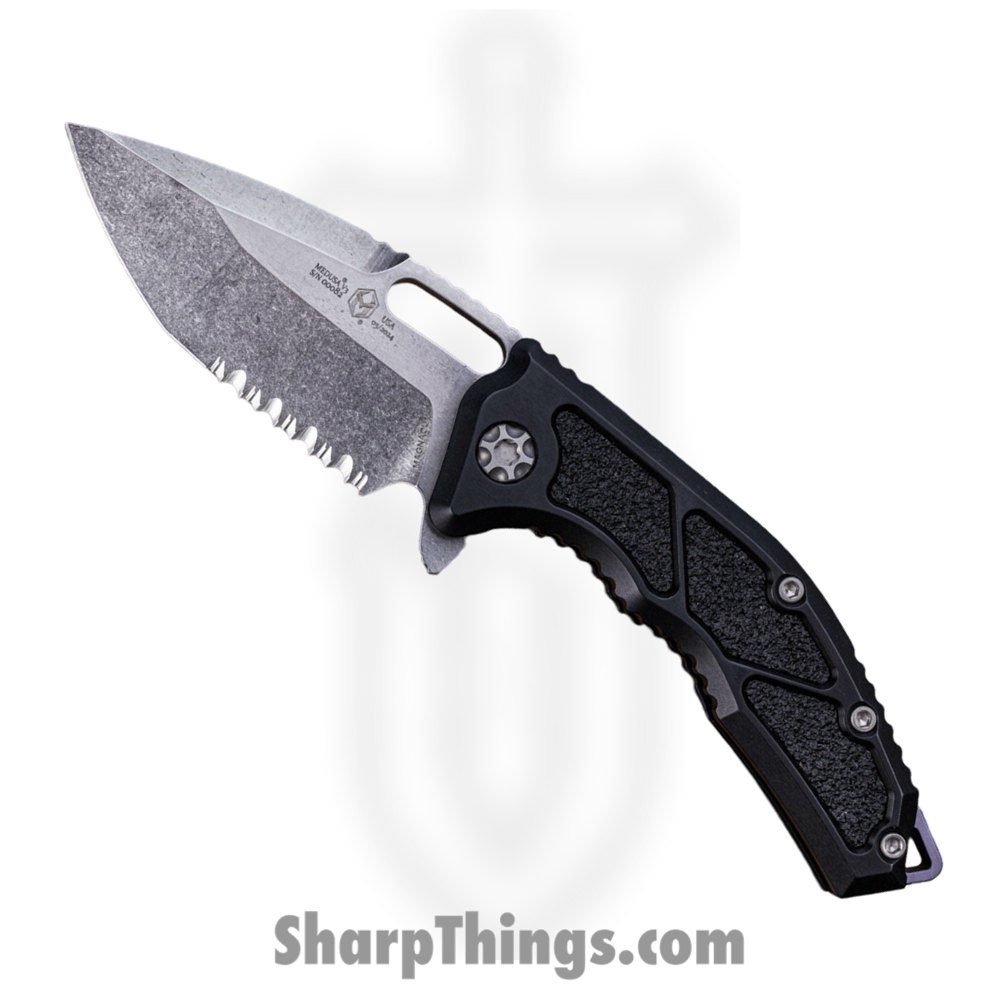 244458a2-7fab-41fb-97a1-abe77d26104f_H009-2B_1.jpg Heretic Knives - H009-2B - Medusa - Folding Knife - MagnaCut Stonewash Tanto Serrated - Aluminum with Grip Inlay - Black - Image 1