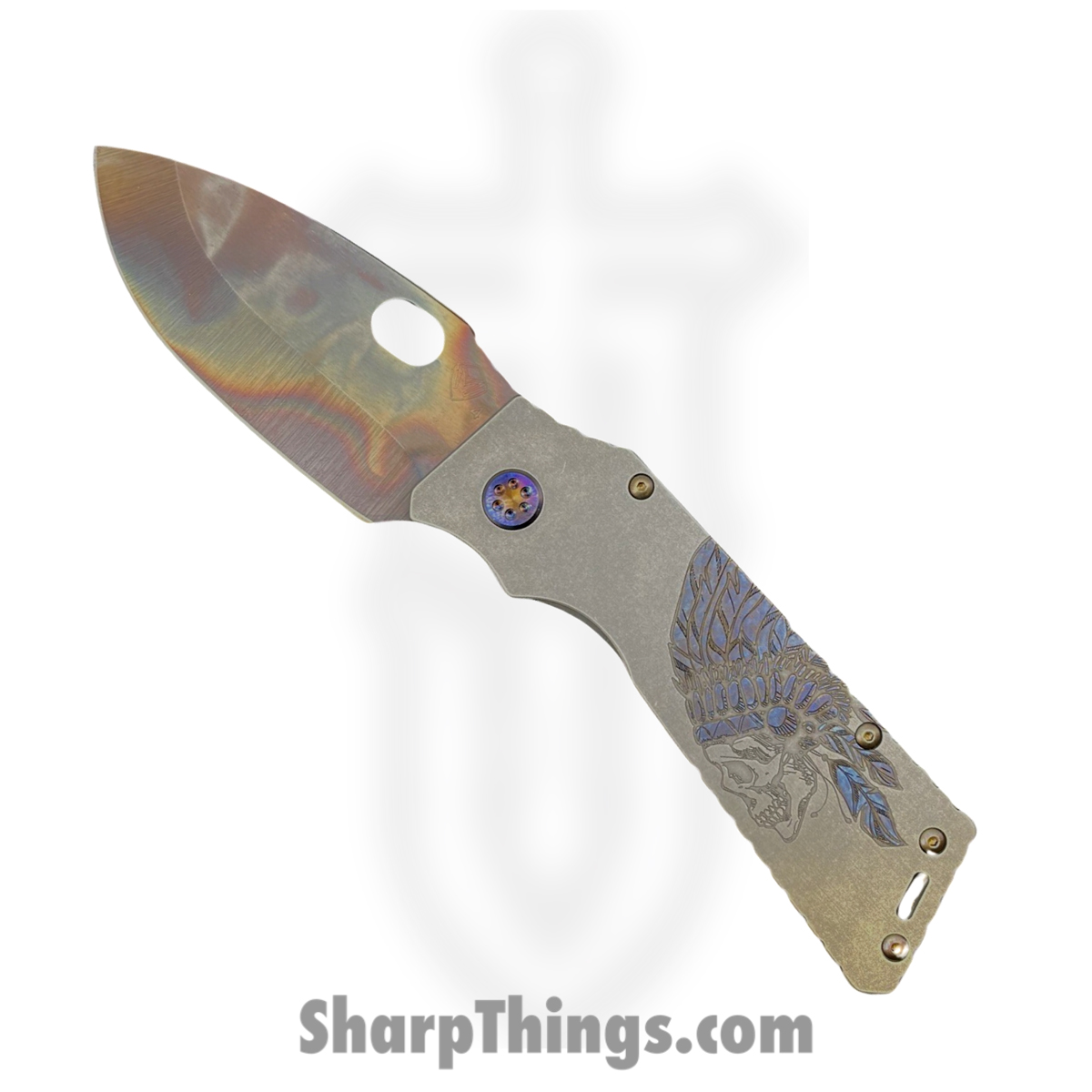 24fa59d3-b1ec-474a-8743-4466e051b539_MK0144VQ-30PV-TFCF-Q4_1.jpg Medford Knife and Tool - MK0144VQ-30PV-TFCF-Q4 - TFF-1 - Folding Knife - S45VN Vulcan Drop Point - Titanium - "Indian w/Headdress" - Image 1