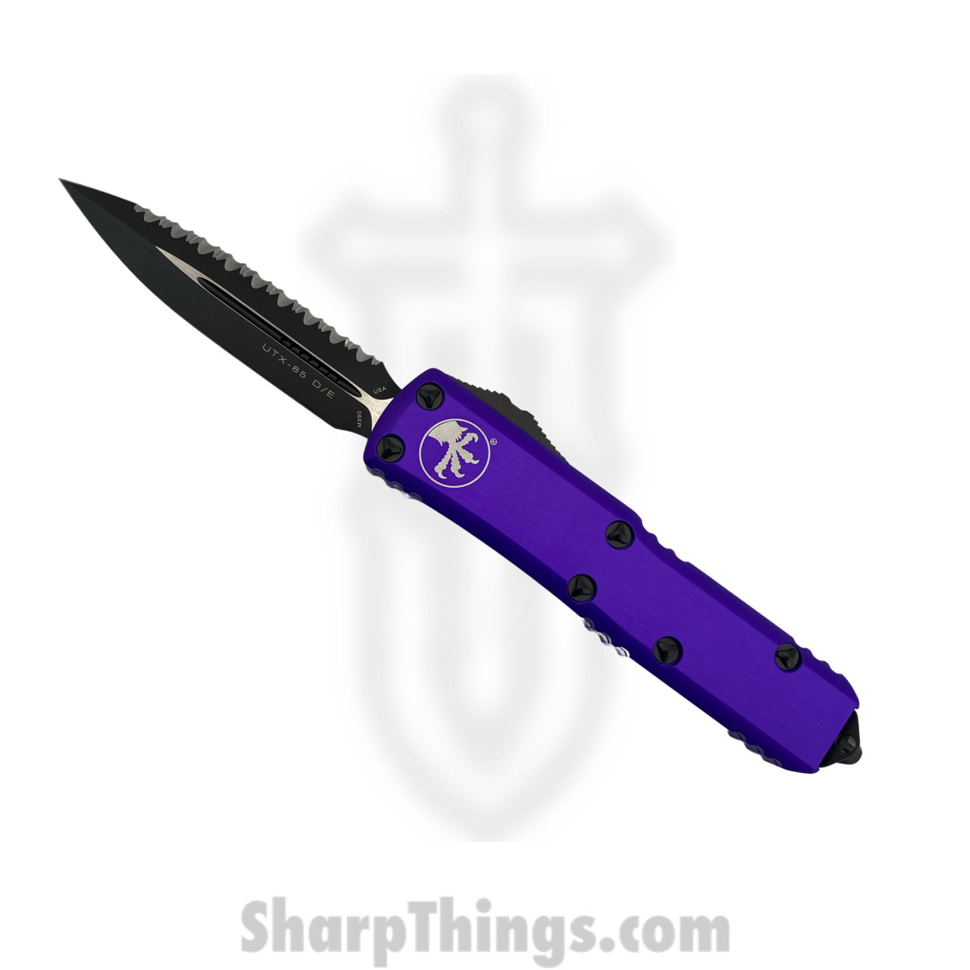 2555f879-c0ed-41c2-8ed2-909d09434e56_232-3PU_1.jpg Microtech - 232-3PU - UTX-85 - OTF Auto - M390 Coated Dagger - 6061-T6 Aluminum - Purple - Image 1