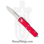 Microtech - 231-11RD - UTX-85 - OTF Auto - Stonewash Drop Point Partially Serrated - 6061 T6 Aluminum - Red
