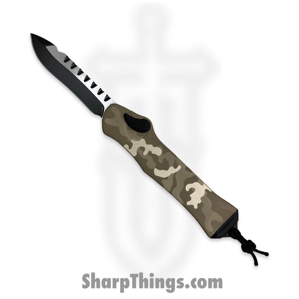 26e8947d-e6cf-4f59-85d1-a54879fb7537_H008-10A-TCAMO_1.jpg Heretic Knives - H008-10A-TCAMO - Hydra - OTF Auto - CPM Magnacut 2 Tone Recurve - Aluminum - Tan Camo - Image 1