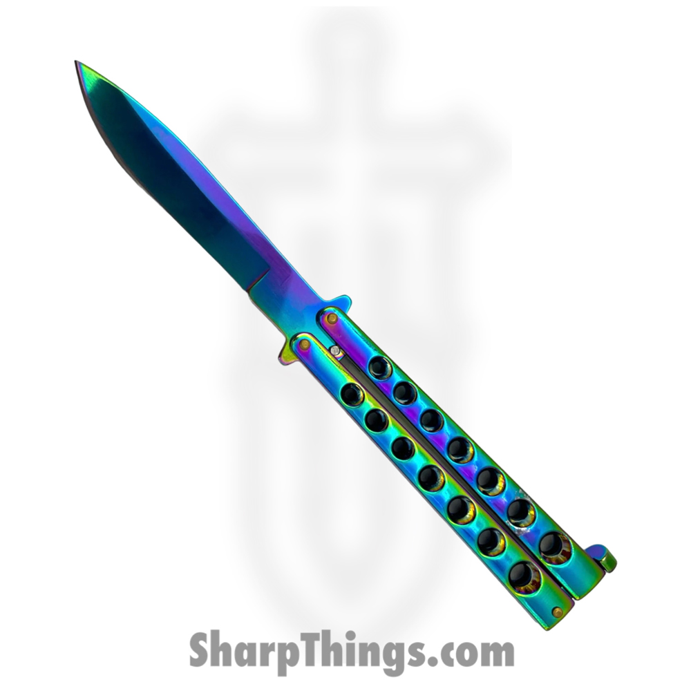 274d8a55-4484-4b23-b3c6-1291e0e9245d_P-715-E_1.jpg PTC - P-715-E - Butterfly - Balisong - 1065 Surgical Steel Coated Drop Point - Stainless - Rainbow - Image 1