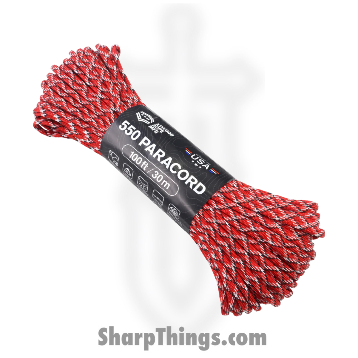 28894b17-6288-4b5a-9400-7c90c53ed159_RG1070H_1.jpg Atwood Rope MFG - RG1070H - Paracord 100ft - Red White Black - Image 1