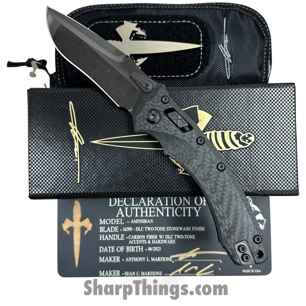 2ca8f863-8627-4659-b686-ff80537a40e8_204MCK623_1.jpg Marfione Custom - 204MCK623 - Custom Amphibian - Manual Folding Knife - Ram-Lok - M390 Iced Diamondwash DLC Spear Point - CF - Black - Image 1