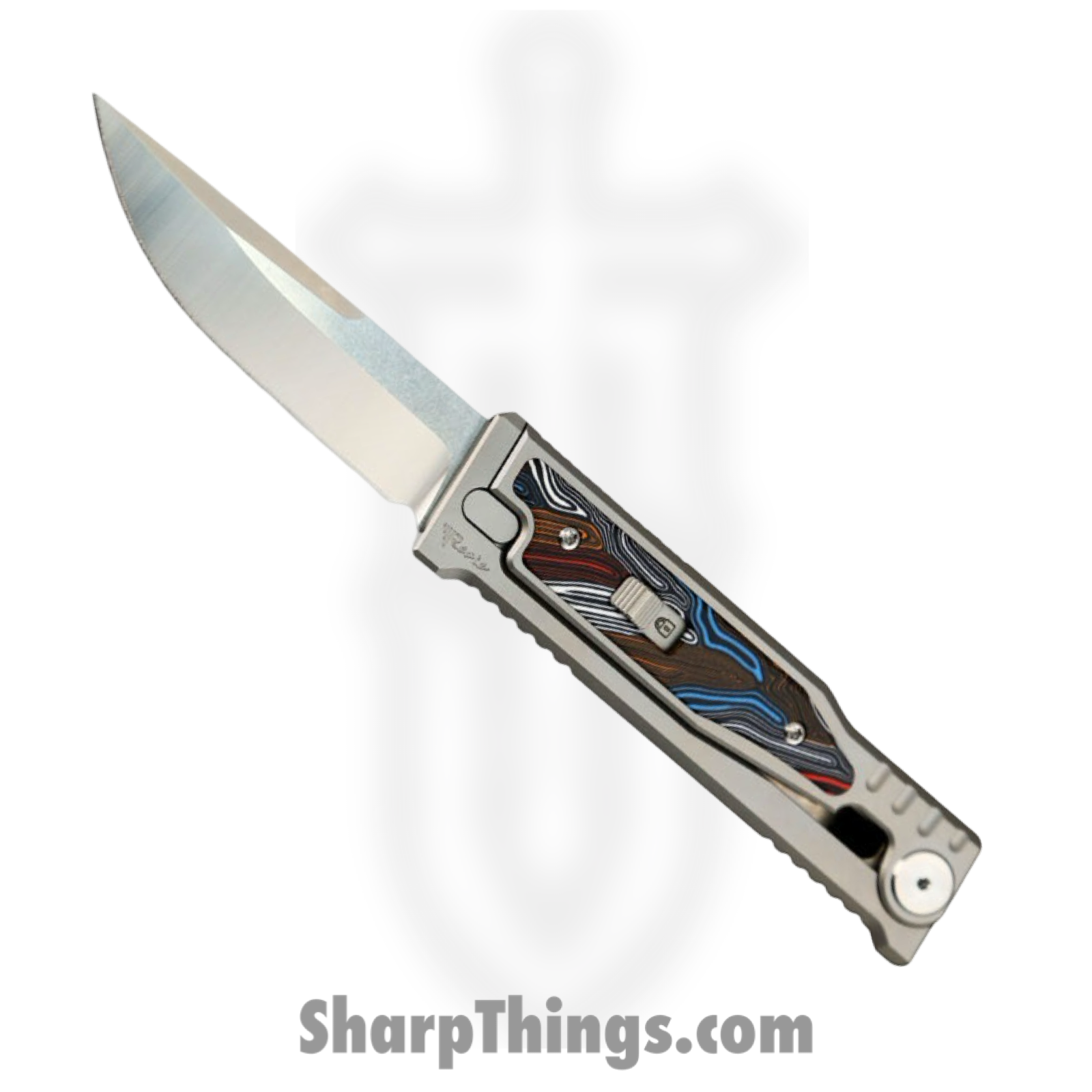 2e6233d4-e317-4a72-8eaa-59ac6621b833_EXO2122ELG10_1.png Reate Knives - EXO2122ELG10 - EXO-M - Gravity Knife - ELMAX Satin Drop Point - Titanium G10 Damascus - Multi - Image 1
