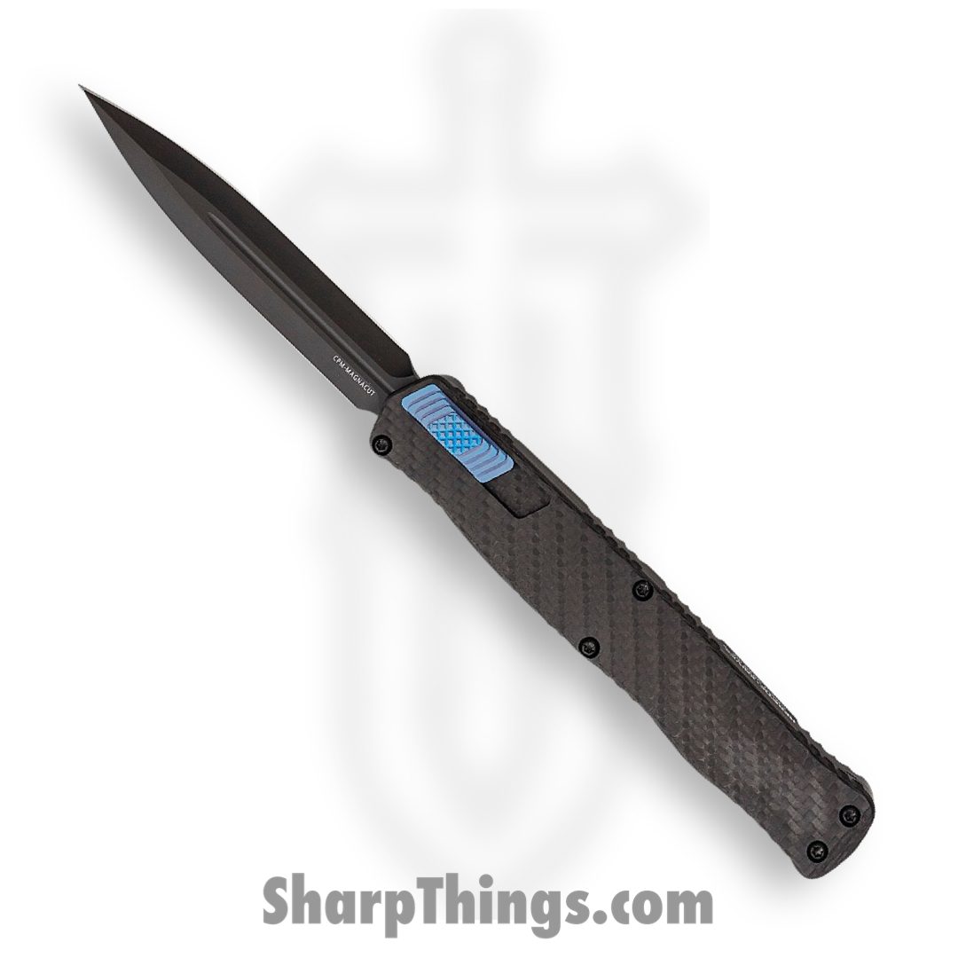 2f88641c-2d82-42bf-81a5-ae4d61118887_H020-6A-CF_Blu_1.jpg Heretic Knives - H020-6A-CF/Blu - Cleric II - OTF Automatic - Magnacut DLC Double Edge - Aluminum - Carbon Fiber w/Blue Ti Accents - Image 1
