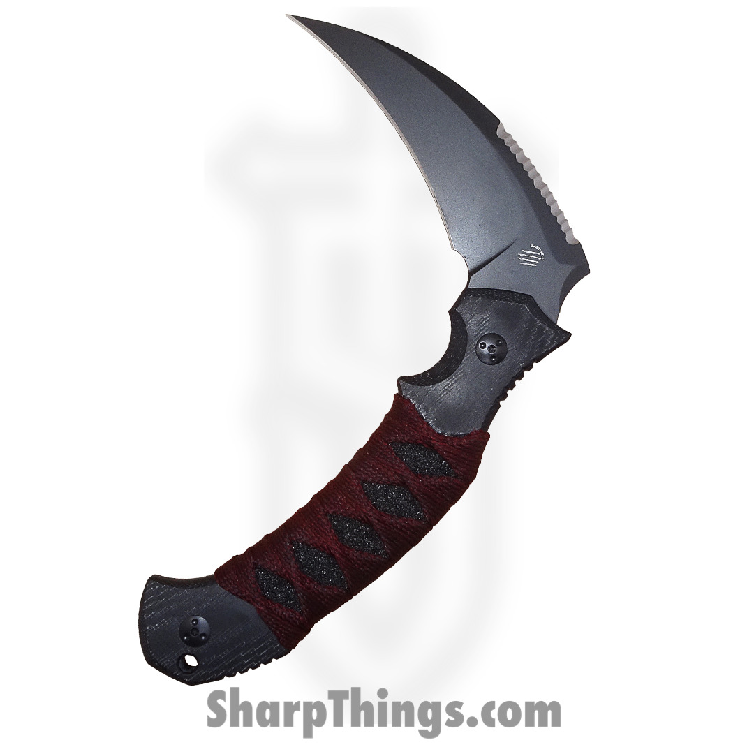 2f9b8dcf-07b9-434a-8980-56f076160dfc_BASGRPY3.23_1.jpg Bastinelli Creations - BASGRPY3.23 - Grumpy - Fixed Blade Knife - M390 Coated Hawkbill - Micarta with Wrapping - Black Red - Image 1