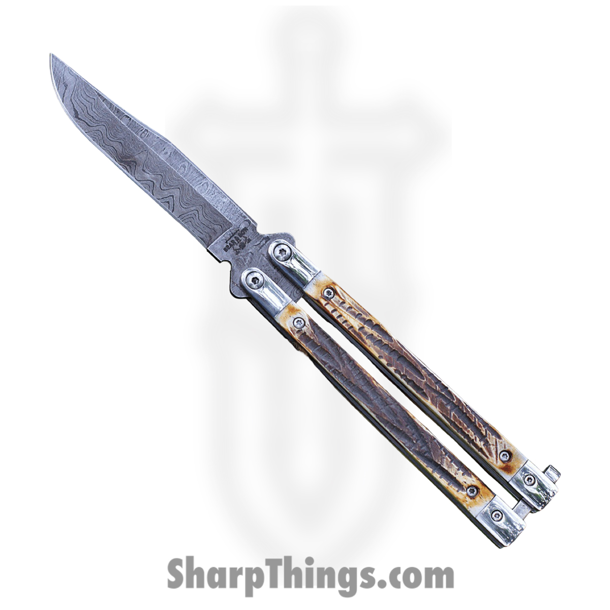 31fb63a1-0d04-4917-bb41-2b69d8746f86_BC517D_1.jpg Bear & Son - BC517D - Butterfly - Balisong - Damascus Drop Point - India Stag Bone - Brown - Image 1