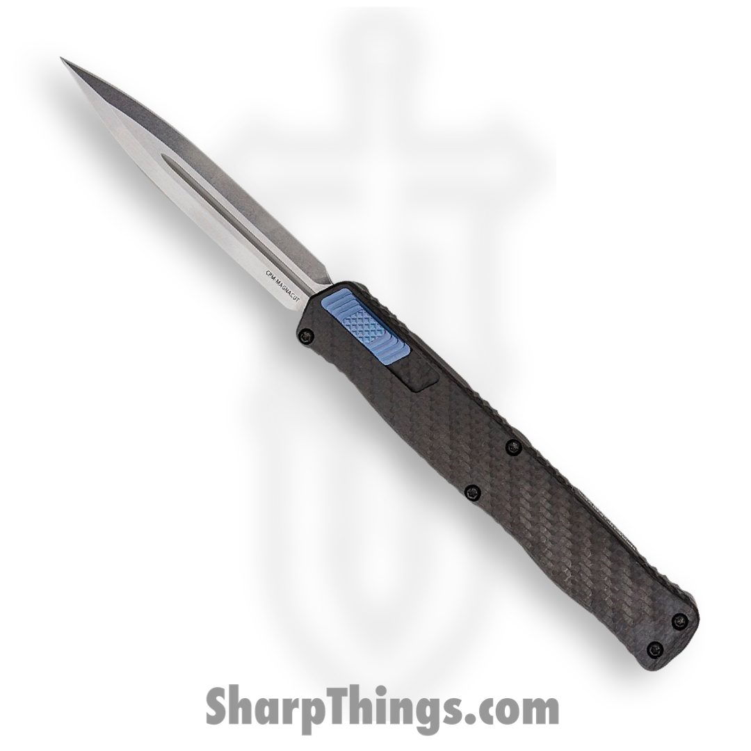 33bf644f-9003-4450-b30a-03d5f32810a2_H020-2A-CF_Blu_1.jpg Heretic Knives - H020-2A-CF/Blu - Cleric II - OTF Automatic - Stonewash Magnacut Double Edge - Aluminum - Carbon Fiber w/Blue Ti Accents - Image 1