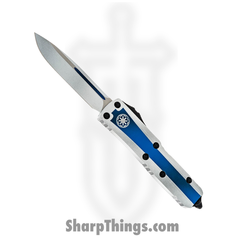 33d53d4c-a4d5-471a-b233-d477949f9ea5_231-1CO_1.jpg Microtech - 231-1CO - UTX-85 Clone Trooper - OTF Auto - Cerakote White Blue Drop Point - 6061 T6 Aluminum - White Blue - Image 1