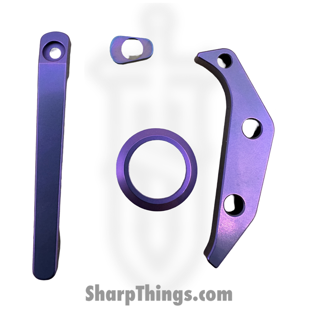 3476a36d-ebe5-48fd-9beb-32fbf427648d_AK-TRUF-AC-SAPU_1.jpg Aurora Knife and Tool - AK-TRUF-AC-SAPU - Truffels Accent Set - Backspacer Pivot Collar Pocket Clip and Clip Filler - Titanium - Satin Purple - Image 1
