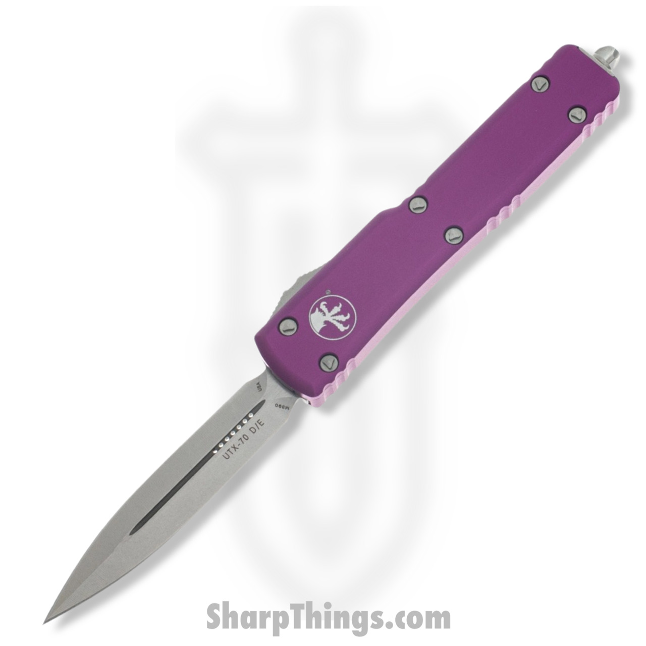 34ec4a0a-ae75-4c50-b766-14f611e3ce57_147-10VI_1.jpg Microtech - 147-10VI - UTX-70 - OTF Auto - Elmax, M390, 204P Stonewash Dagger - 6061-T6 Aluminum - Violet - Image 1
