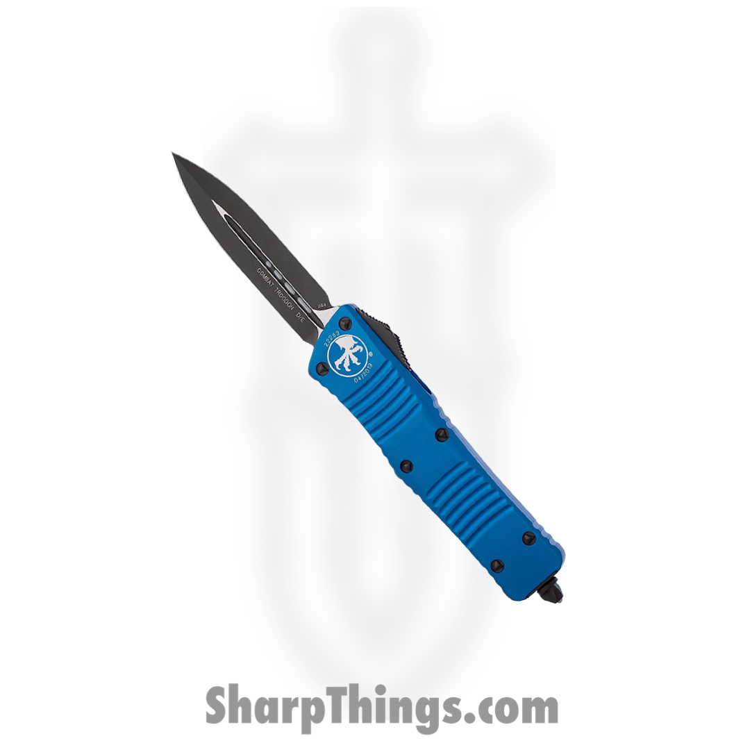 3750c00e-da2f-470f-904e-94b212b0cfbd_142-1BL_1.png Microtech - 142-1BL - Combat Troodon - OTF Auto - Elmax, M390, 204P Coated Dagger - 6061-T6 Aluminum - Blue - Image 1