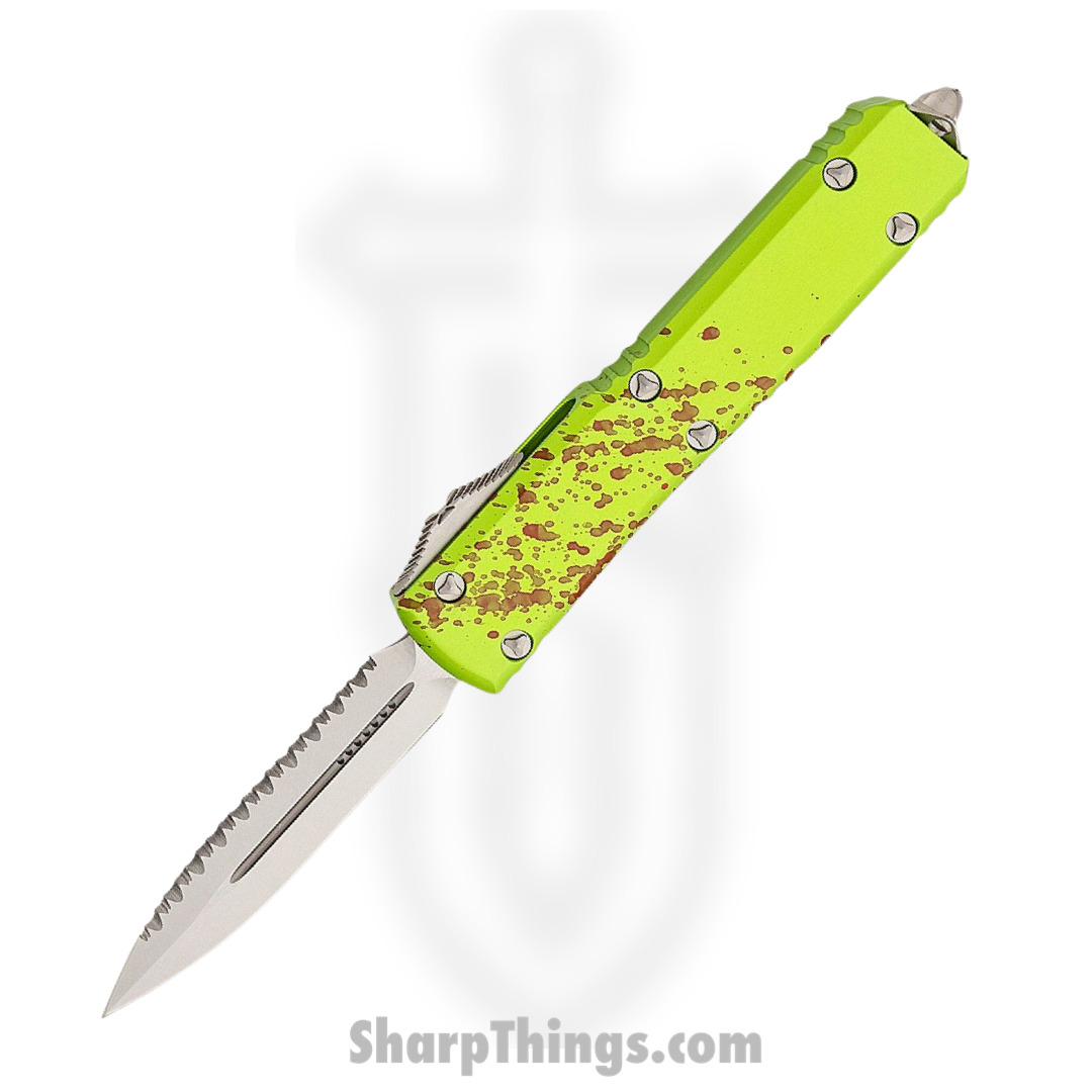 38f57586-2035-4d64-83c9-77de4349f321_122-12Z_1.jpg Microtech - 122-12Z - Ultratech - OTF Auto - Elmax. M390, 204P Stonewash Dagger - 6061-T6 Aluminum - Zombie Green - Image 1