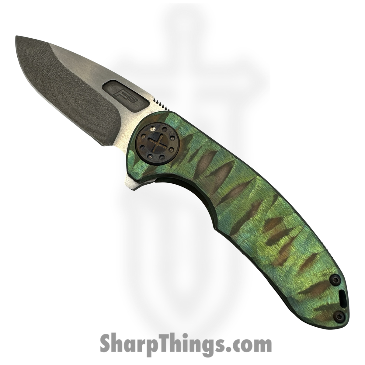 39df952a-a497-4c4a-8d43-9b3de5e66a3d_F3M-SLM1-TIGN_1.jpg Curtiss Custom Knives LLC - F3M-SLM1-TIGN - F3 Medium Slicer Flipper - Folding Knife - CPM MagnaCut Two Tone Drop Point - Titanium - Green - Image 1