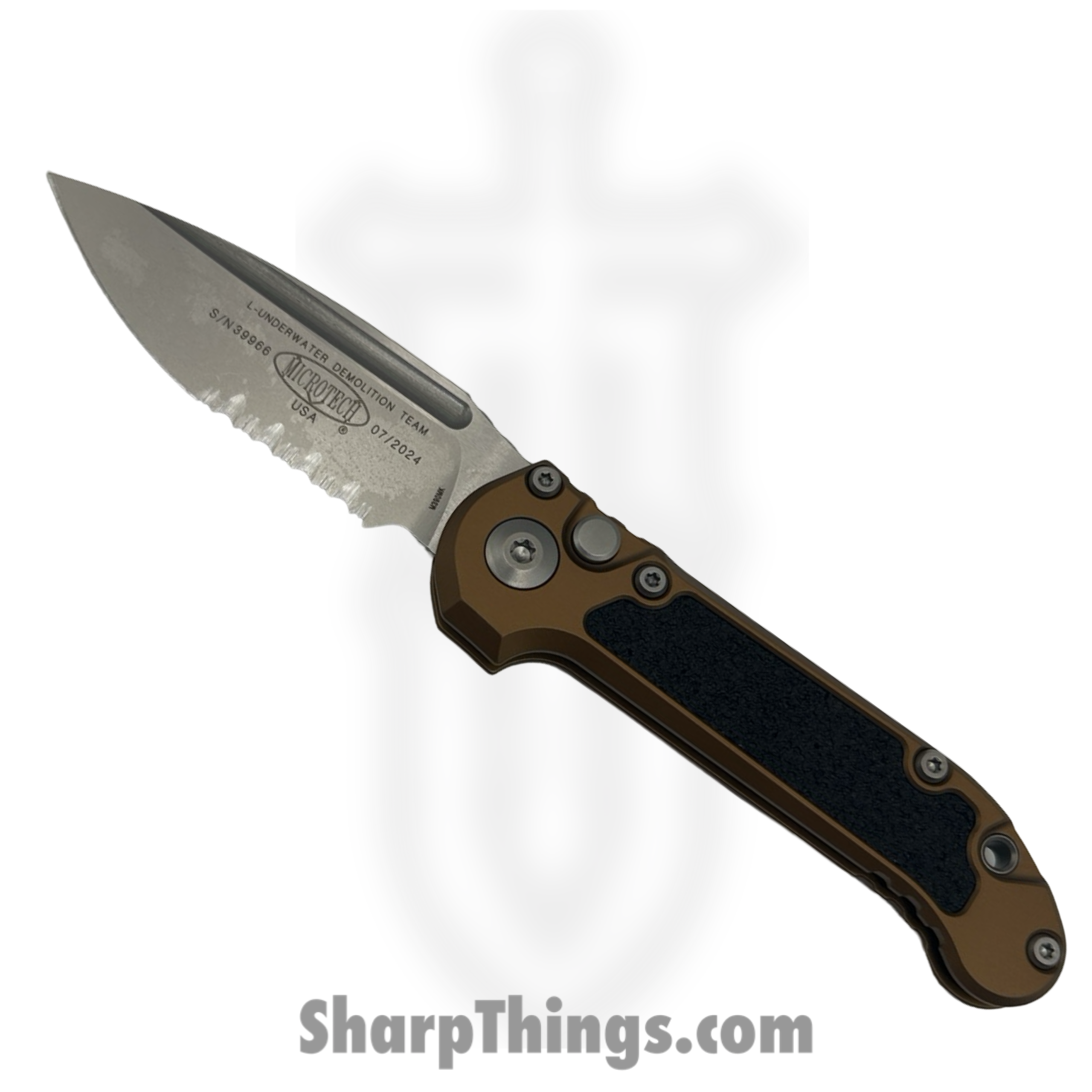 3a7633a7-bc80-47a3-a61d-e990d183ff67_1135-11TA_1-scaled-1.png Microtech - 1135-11TA - L.U.D.T. Gen III - Automatic Knife - M390MK Stonewash Drop Point P/S - Aluminum - Tan - Image 1
