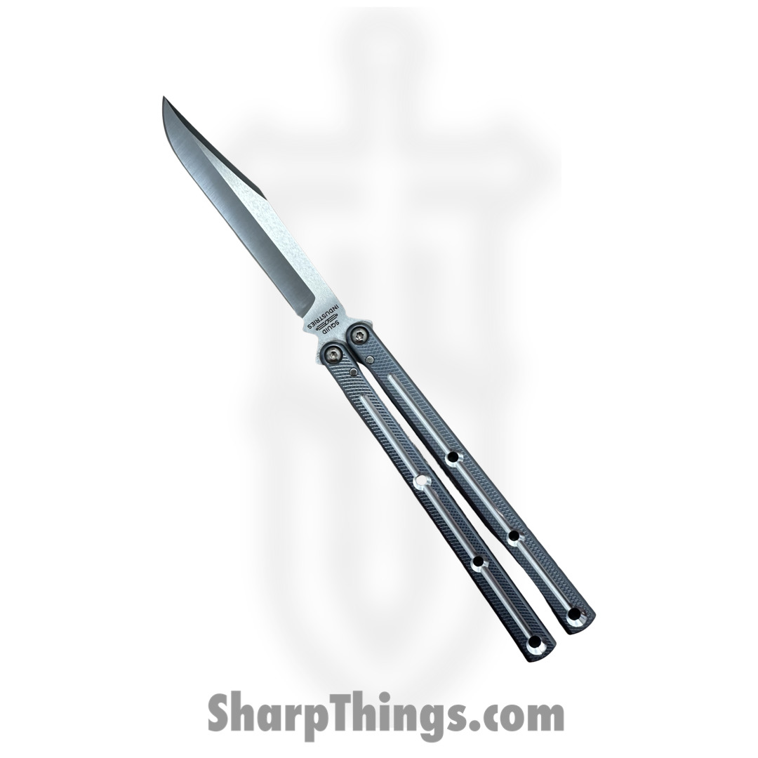 3bca041b-6be6-4c88-b6ef-f84155664d8c_09BWALSA02GM_1.jpg Squid Industries - 09BWALSA02GM - Krake Raken Bowie V2.5 Dual-Tone Balisong Knife - AEB-L 7075 - Gunmetal and Silver - Image 1
