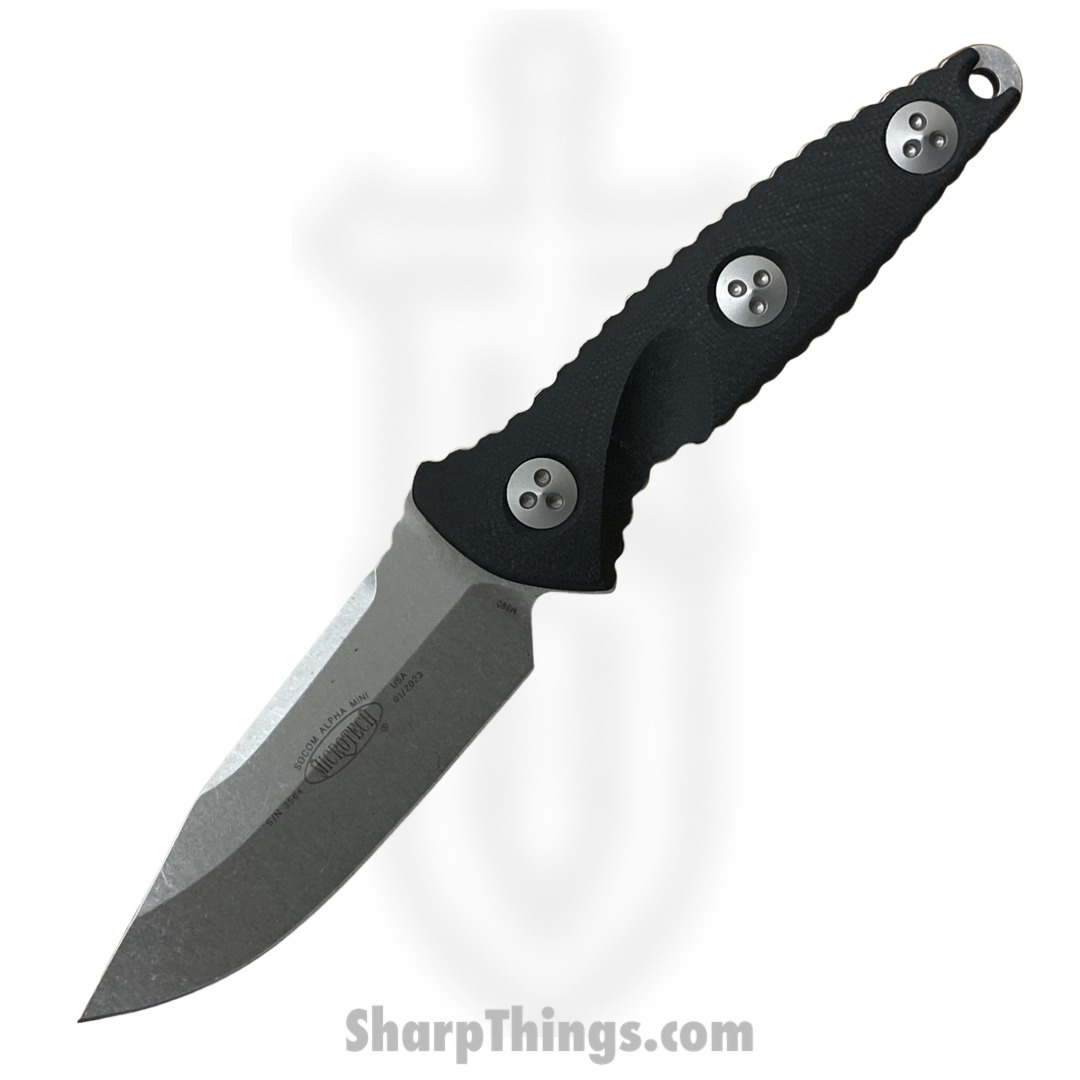 3cb264ac-aa47-4161-b5c3-b1572acd087e_113M-10_1.jpg Microtech - 113M-10 - Mini Socom Alpha - Fixed Blade Knife - Elmax Stonewash Clip Point - G10 - Black - Image 1
