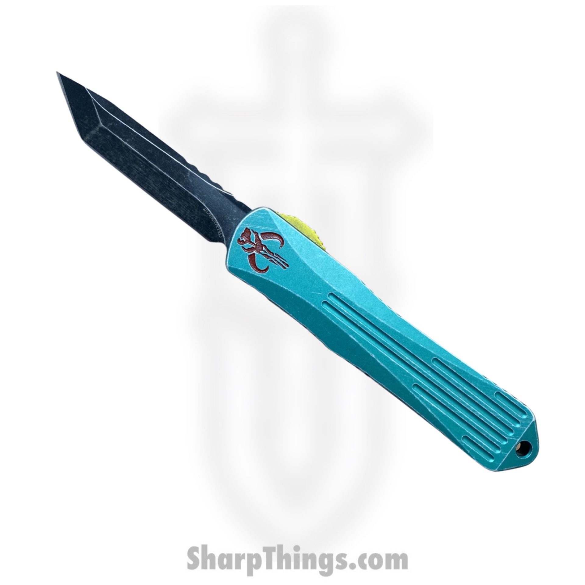3e73a449-762f-48a8-a0ea-8dc2244a645f_H027-8A-BOUNTY_1.jpg Heretic Knives - H027-8A-BOUNTY - Manticore E Bounty Hunter - OTF Auto - Magnacut Coated Tanto - 6061-T6 Aluminum/Camo Carbon - Green/Red/Yellow - Image 1
