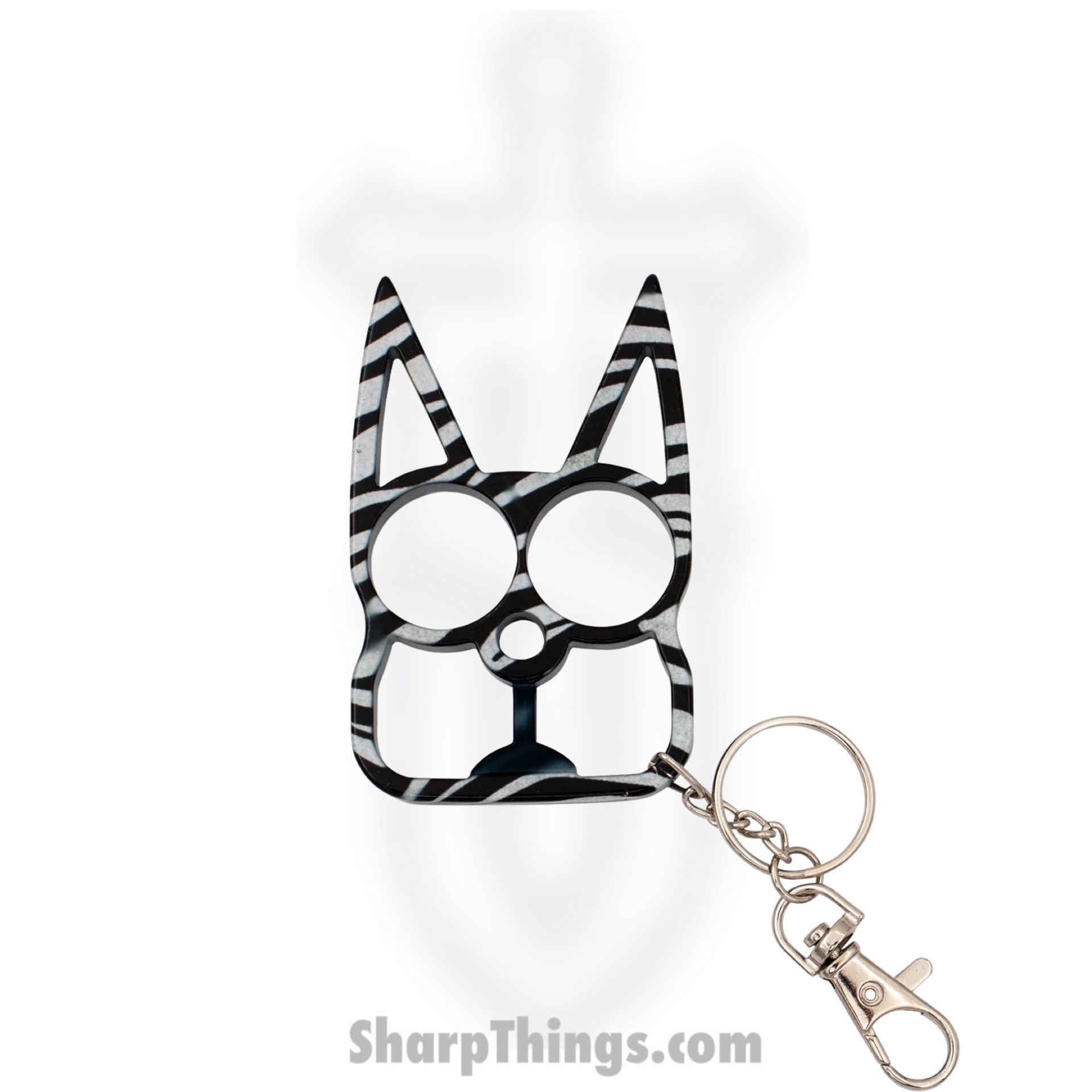 3f96518e-e1f1-48ff-a133-0b2de54d49c9_CT-009-ZEB_1.jpg VOC - CT-009-ZEB - Cat Public Safety Keychain - Stainless Steel - Black and White Zebra Pattern - Image 1