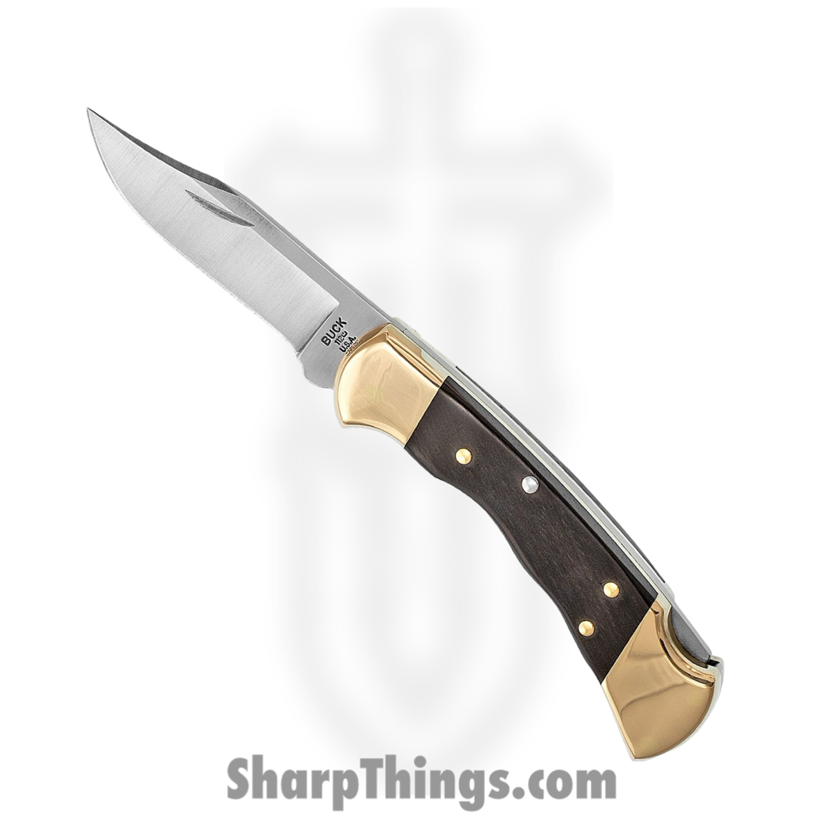 406680a4-85c6-49c4-bd11-0a559503b619_BU112FG_1.jpg Buck - BU112FG - Ranger - Folding Knife - 420HC Stainless Satin Clip Point - Crelicam Ebony Wood with Brass Bolsters - Brown - Image 1