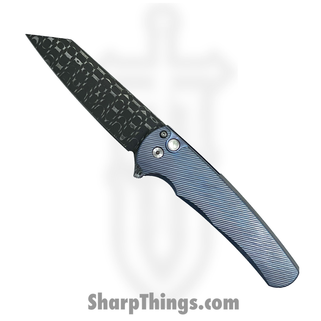 4118a7ca-1adc-46f1-aaa6-182135b95a69_MALIBU2023.008_1.jpg ProTech - MALIBU2023.008 - 2023 Malibu Custom 008 3D Blue Ti - Vegas Forge Damascus Razorwire Reverse Tanto - Anodized 6AI4V Titanium - 3D Machined Blue - Image 1