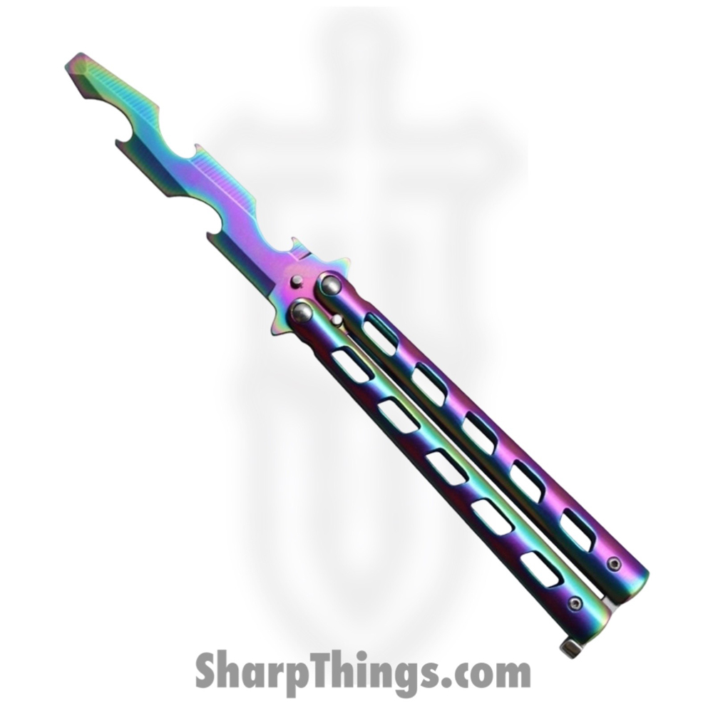 4201427b-34bb-45ab-b942-e70900339968_205604C-7r_1.jpg VOC - 205604C-7r - Butterfly Knife Combo Kit Trainer and Live Blade - Balisong - 440 SS Drop Point - Aluminum - Rainbow - Image 1