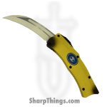 Heretic Knives - H060-FP-NANA- ROC - Fresh Peeled Stabnana - OTF Auto - Magnacut Coated Hawkbill - Aluminum - Yellow Brown Blue White