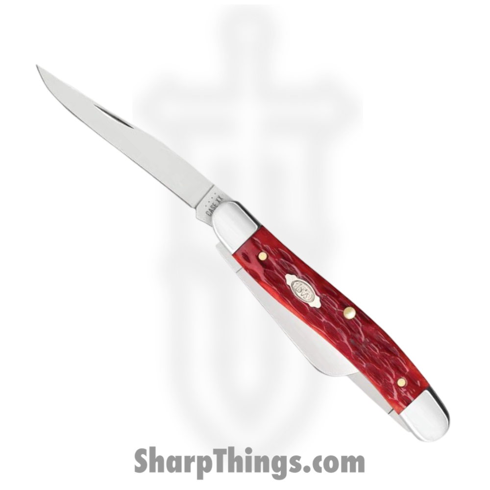 438421b6-0e3e-4f33-9f21-d0004d17bf6e_CA31951_1.jpg Case Cutlery - CA31951 - Medium Stockman - Folding Knife - Carbon Steel Polished Clip/Sheepfoot/Spey - Peach Seed Jig Bone - Red - Image 1