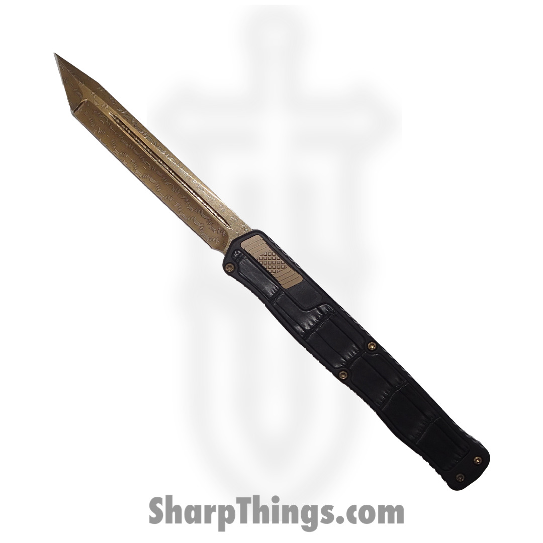 43862be1-8ac5-40a5-afb8-b14413ca514b_HKC23-23_1.jpg Heretic Knives - HKC23-23 - Custom Cleric II - Automatic Knife - 3V Vegas Forge Bronze Damascus Tanto - Aluminum/Crocodile Inlay - Black - Image 1