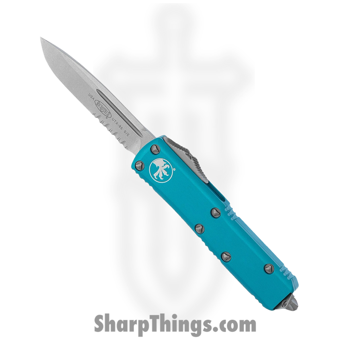 439c90bf-5e4b-4b2f-aaa4-bccbd5d206cd_231-11TQ_1.jpg Microtech - 231-11TQ - UTX-85 - OTF Auto - M390 Apocalyptic Drop Point P/S - 6061-T6 Aluminum - Turquoise - Image 1