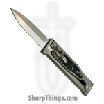 Reate Knives - EXO2121ELMI - EXO-M - Gravity Knife - ELMAX Satin Dagger - Titanium Burl Linen Micarta Inlay - Gray Black Green