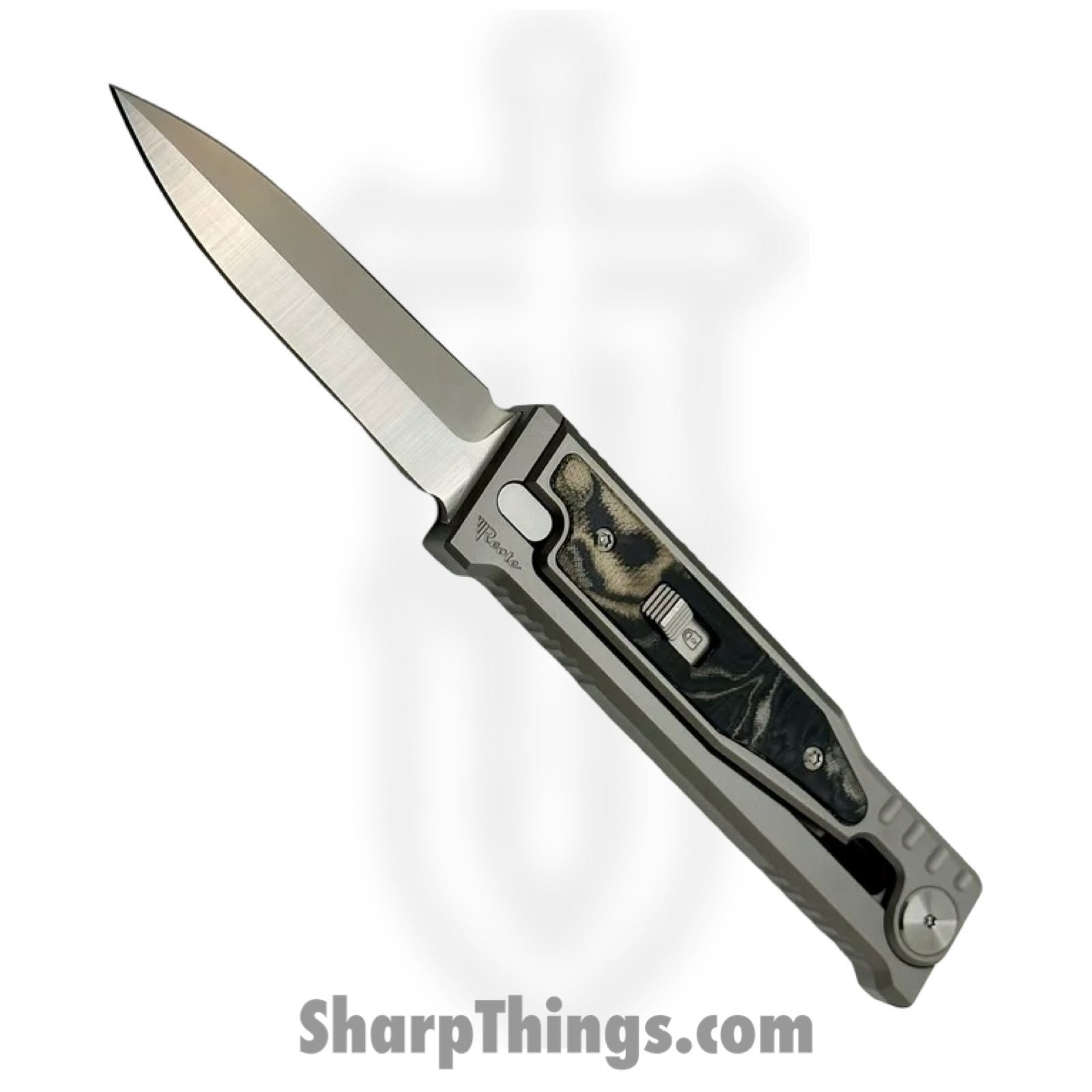 4471a5d2-22b2-464b-9da3-cd43c889d89c_EXO2121ELMI_1.png Reate Knives - EXO2121ELMI - EXO-M - Gravity Knife - ELMAX Satin Dagger - Titanium Burl Linen Micarta Inlay - Gray Black Green - Image 1