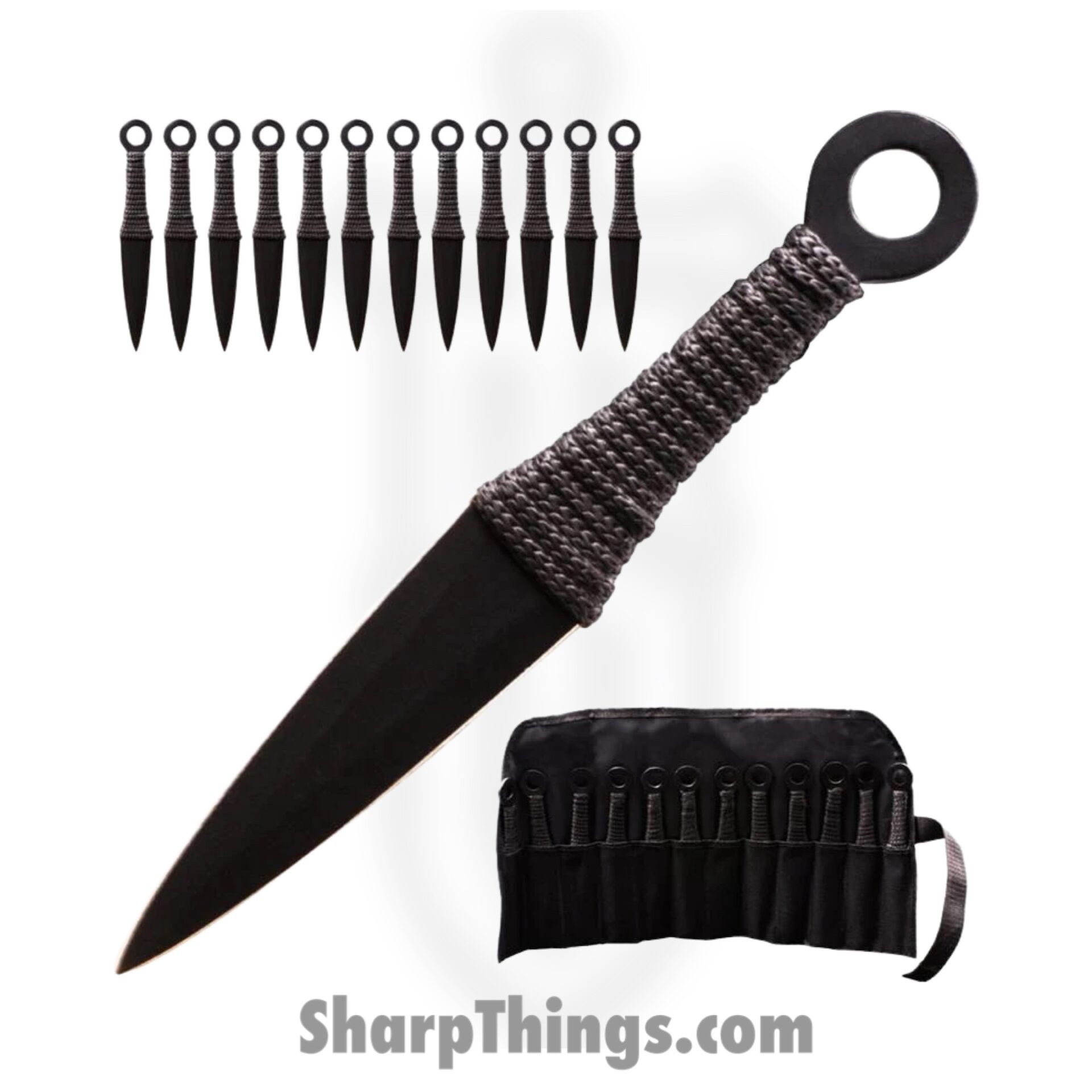 46024420-f27e-4c9e-b11b-7cde65259101_TK-868-12-6-BK_1.jpeg Tiger Throwers - TK-868-12-6-BK - 12 pc Ninja Kunai Throwing Knife Set w/ Case - Fixed Blade Knife - Naruto Black Dagger - Paracord Steel - Black - Image 1