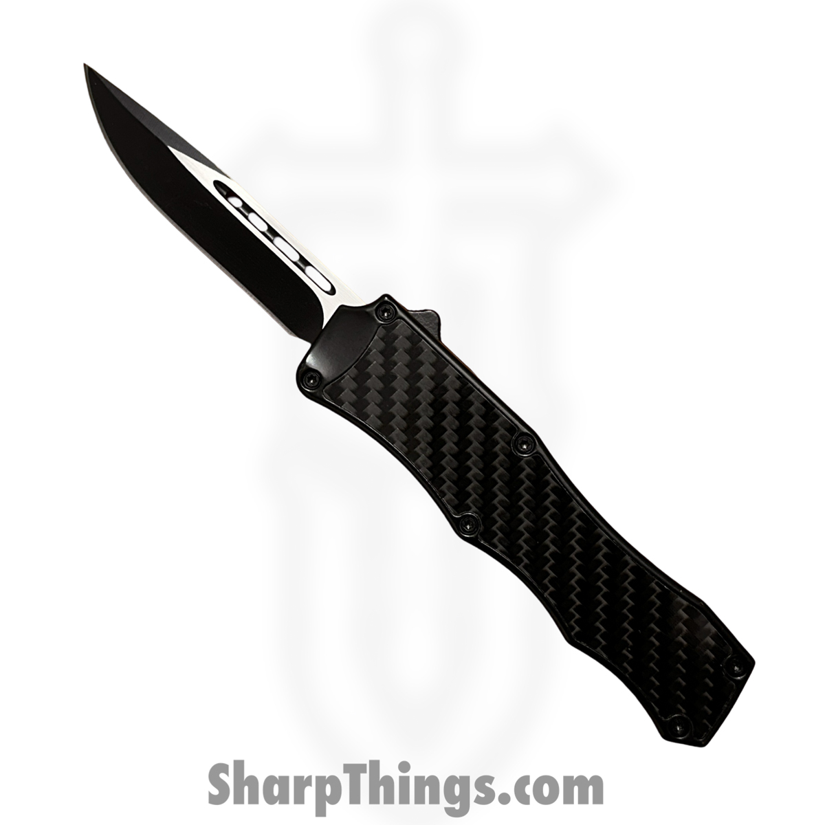 48dfefac-4fd9-4e5f-b157-d2f1cbcc40d2_A1_1.jpg PTC - A1 - OTF Auto - Stainless Two Tone Drop Point - Aluminum CF Insert - Black - Image 1