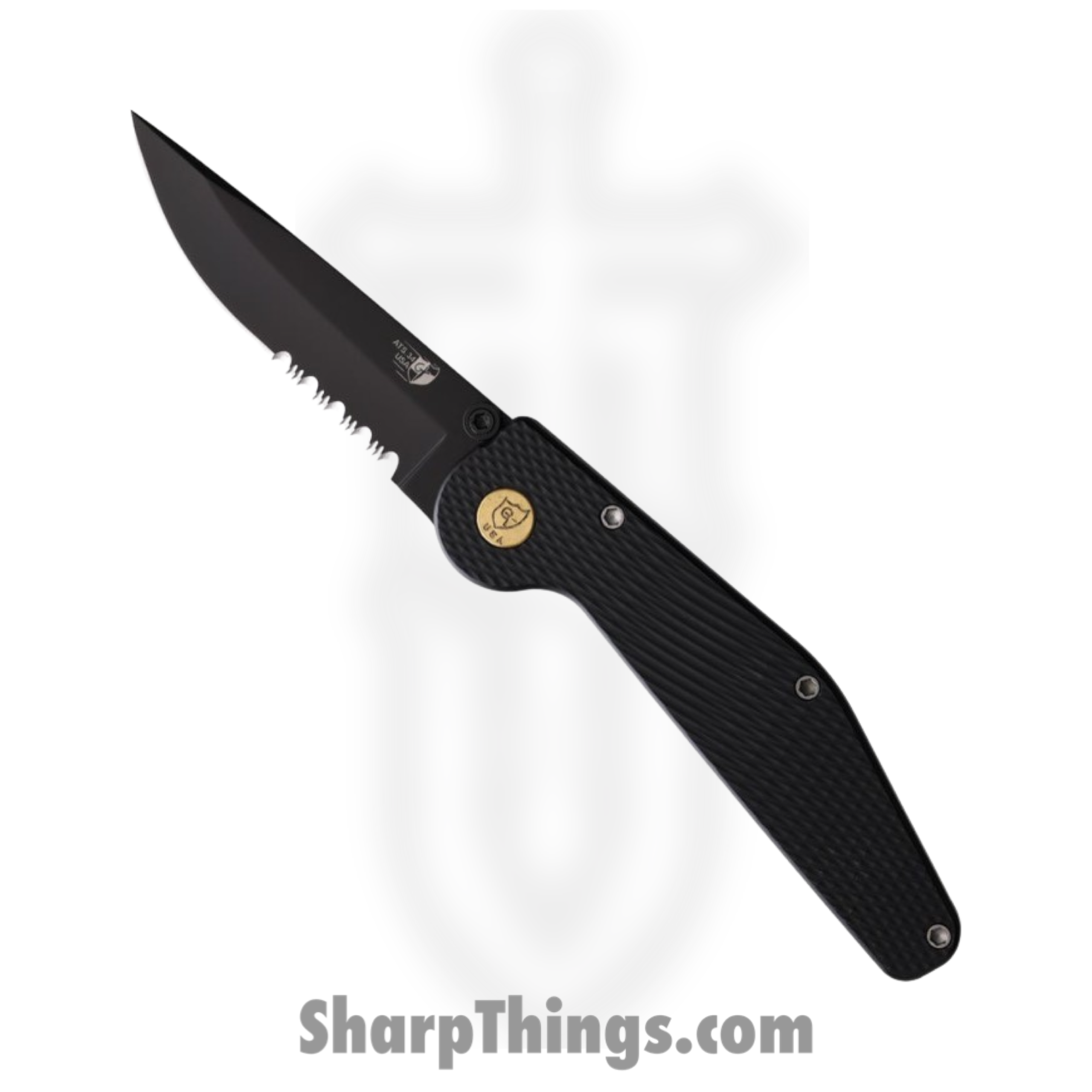 4a885c92-c405-421f-8e5a-1c5130c3b1c1_GT104_1-scaled-1.png GT Knives - GT104 - Police Serrated - Automatic Knife - ATS 34 Coated Drop Point - Aluminum - Black - Image 1